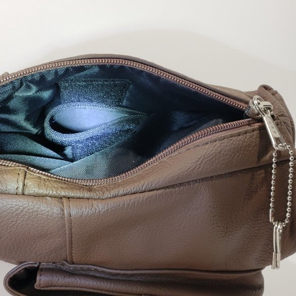 ROMA LEATHERS Concealed Carry Brown Leather Silver Studs Moto Cross Body - Picture 7 of 11